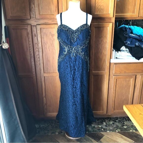Vintage RINA Di MONTELLA Navy Blue Beaded Gala Wedding Maxi Dress Gown - 16 - Picture 1 of 16
